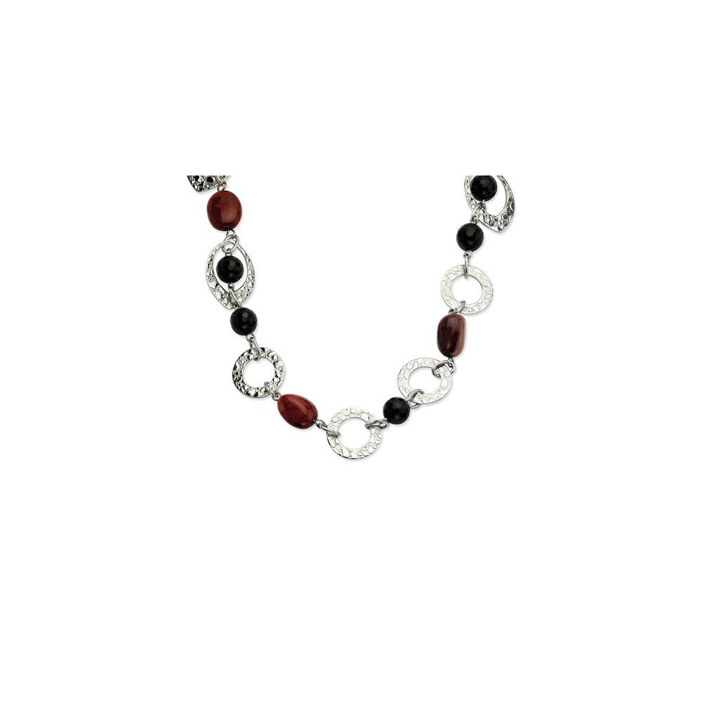 Stainless Steel Textured Ovals, Onyx & Ocean Stone Necklace, 21 mm