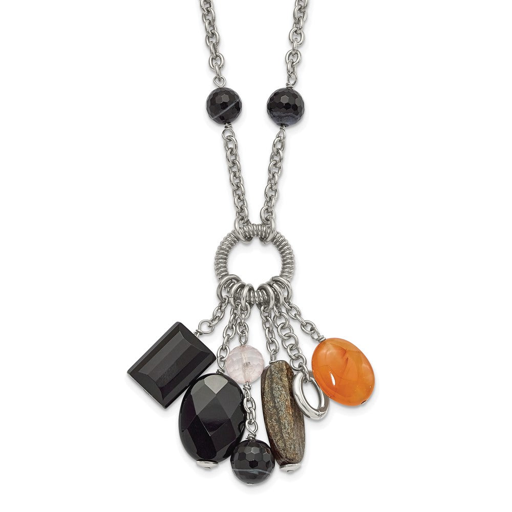 Stainless Steel Black Agate Moonstone & Crystal w/ 2in ext Necklace, 28 mm
