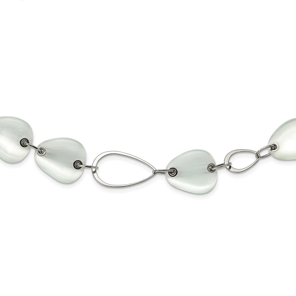 Stainless Steel Polished White Cat's Eye 26in Necklace, 26 mm