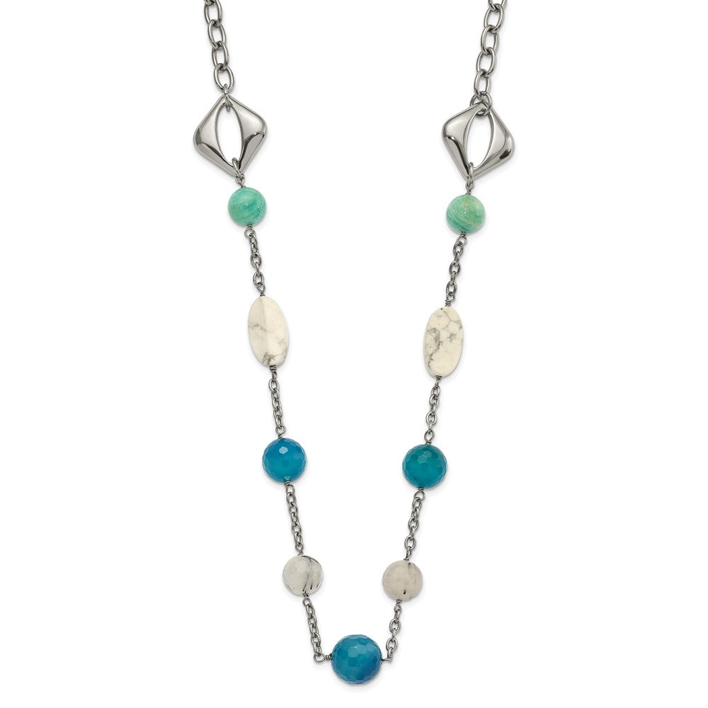 Stainless Steel Blue Jade, Green Agate & Howlite w/1.5in ext Necklace, 27.5 x 23.6 mm