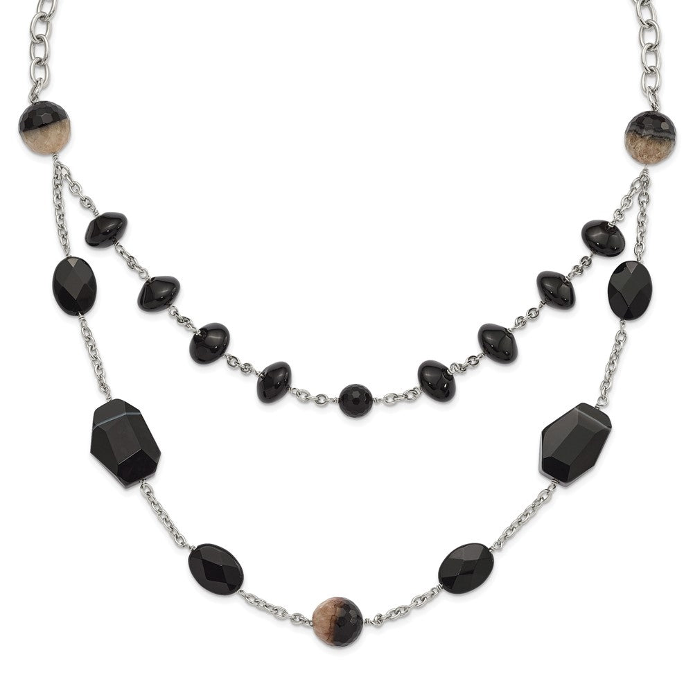 Stainless Steel Black & Crystalized Agate w/ 1.5in ext Necklace, 25.5 x 19 mm