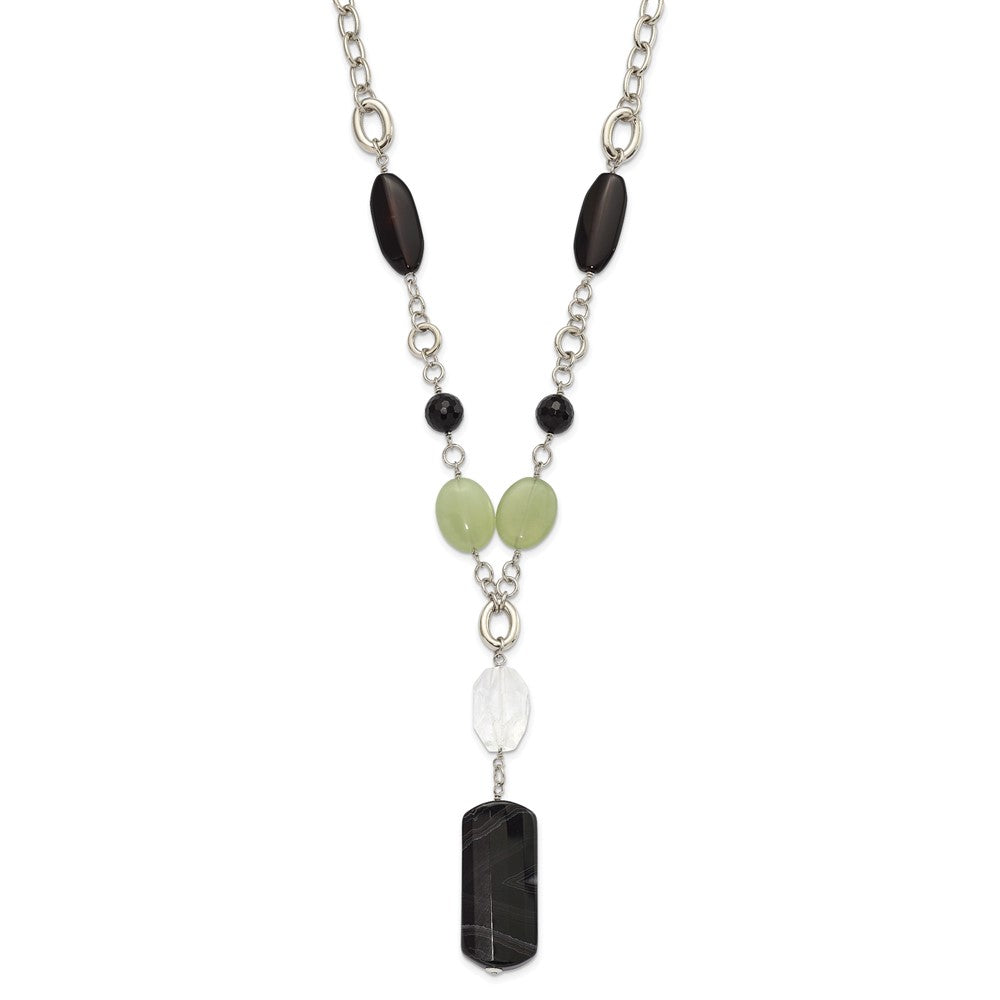 Stainless Steel Prehnite, Crystal & Black Agate w/1.5in ext Drop Necklace, 27.5 mm
