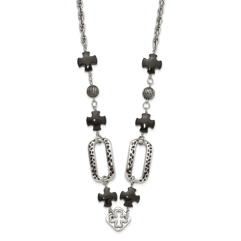 Stainless Steel Polished/Antiqued Black Agate & Resin w/ 2in ext. Necklace, 26 x 19.75 mm