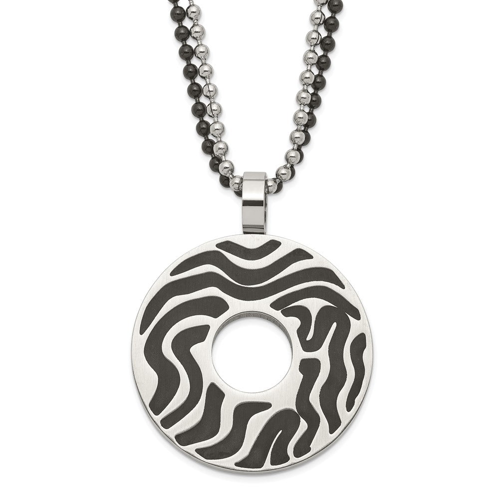 Stainless Steel Black IP-plated & Black Rubber Swirl Circle Necklace, 22 mm