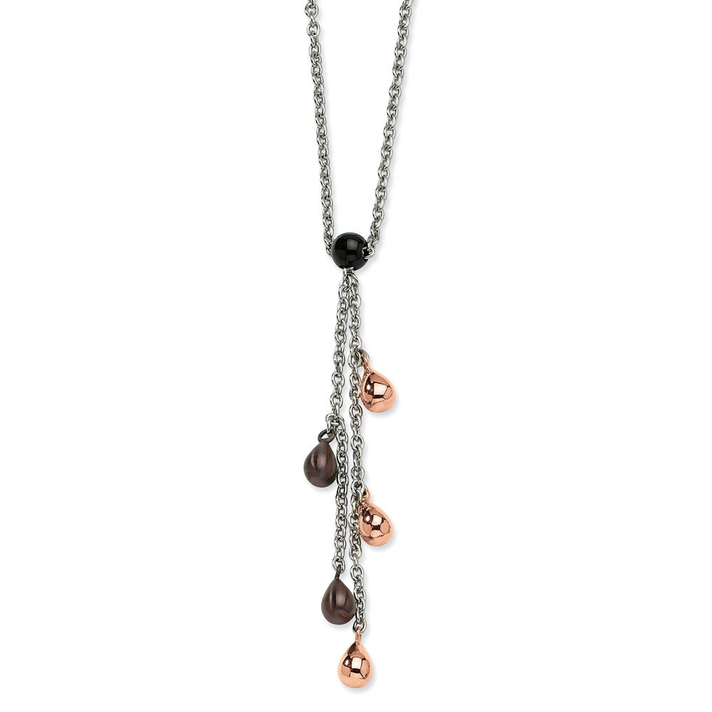 Stainless Steel Rose & Brown IP plated Teardrops 20in Y Necklace, 20 mm