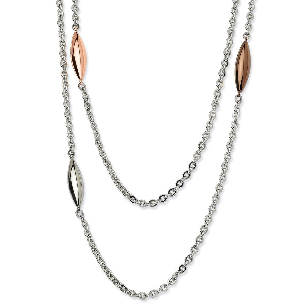 Stainless Steel Rose, Brown IP plated & Steel Ovals 28in Necklace, 28 mm