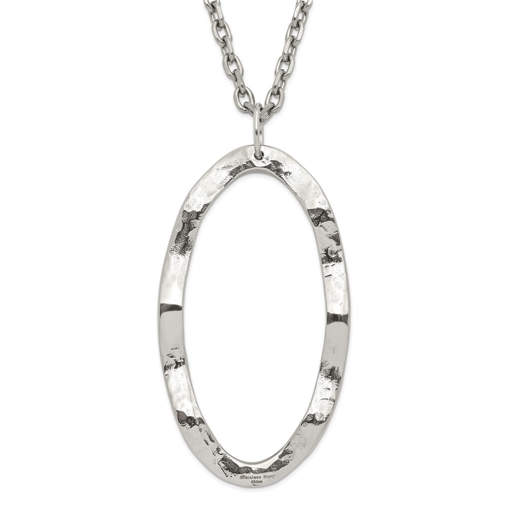 Stainless Steel Hammered Oval Pendant with 2 inch ext Necklace, 18 mm