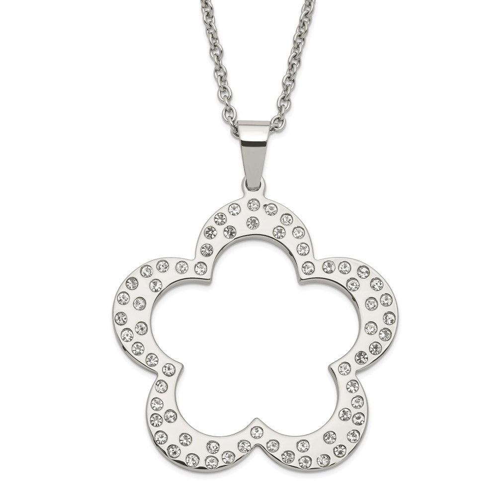 Stainless Steel Polished Flower with CZs Pendant 24in Necklace, 24 mm