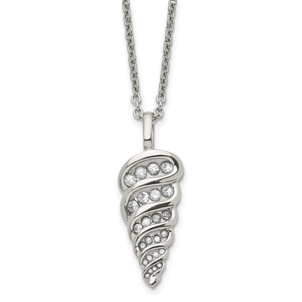Stainless Steel Polished w/CZ Fancy Shell 22in Necklace, 22 mm