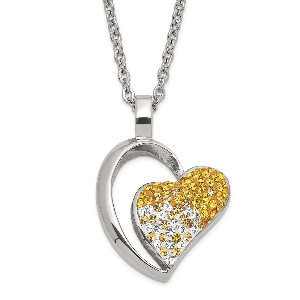Stainless Steel Polished Yellow & White Crystal Heart Necklace, 22 mm