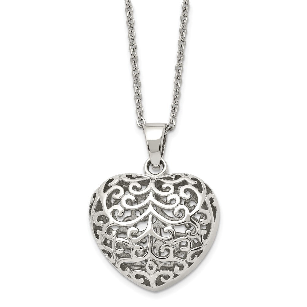 Chisel Stainless Steel Polished Filigree Puffed Heart Pendant on a 22 inch Cable Chain Necklace, 22 x 32 mm