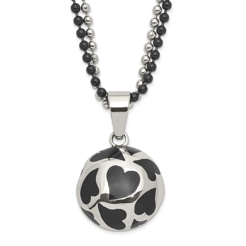 Stainless Steel Black Enamel Hearts 24in Necklace, 24 mm