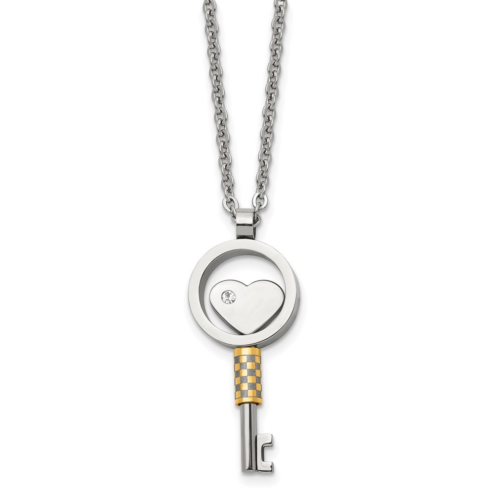 Chisel Stainless Steel Polished Yellow IP-plated with CZ Heart Key Pendant on a 22 inch Cable Chain Necklace, 22 x 15 mm