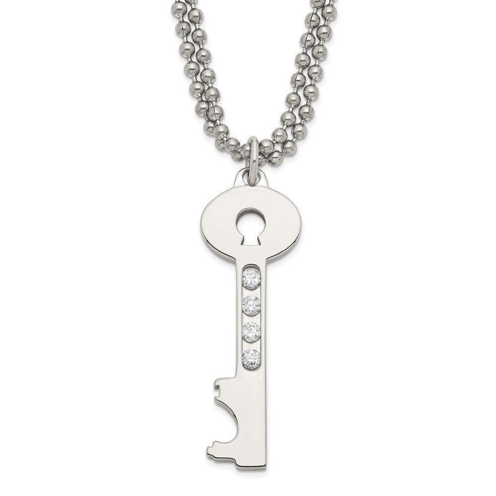 Stainless Steel Polished Key w/ CZ Double Chain Necklace, 24 mm