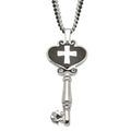 Stainless Steel Black Enamel Polished CZ Heart Cross Key Necklace, 28 mm