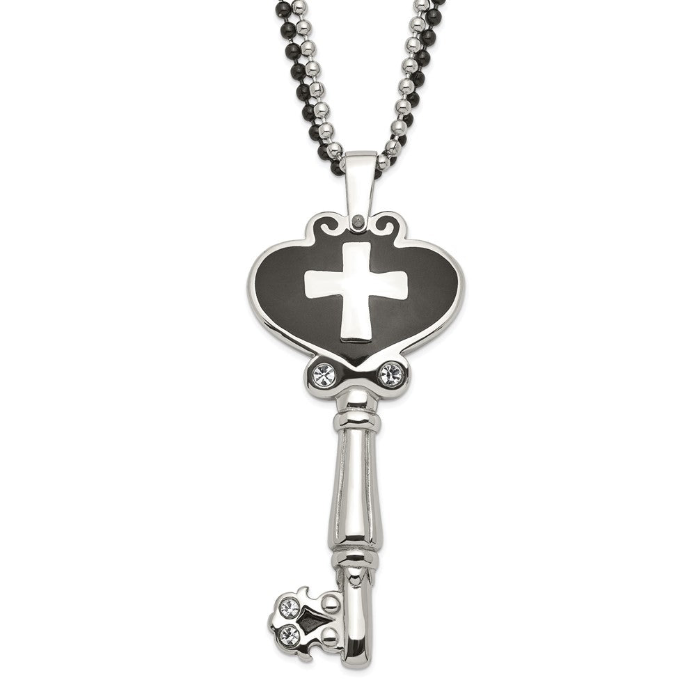 Stainless Steel Black Enamel Polished CZ Heart Cross Key Necklace, 28 mm