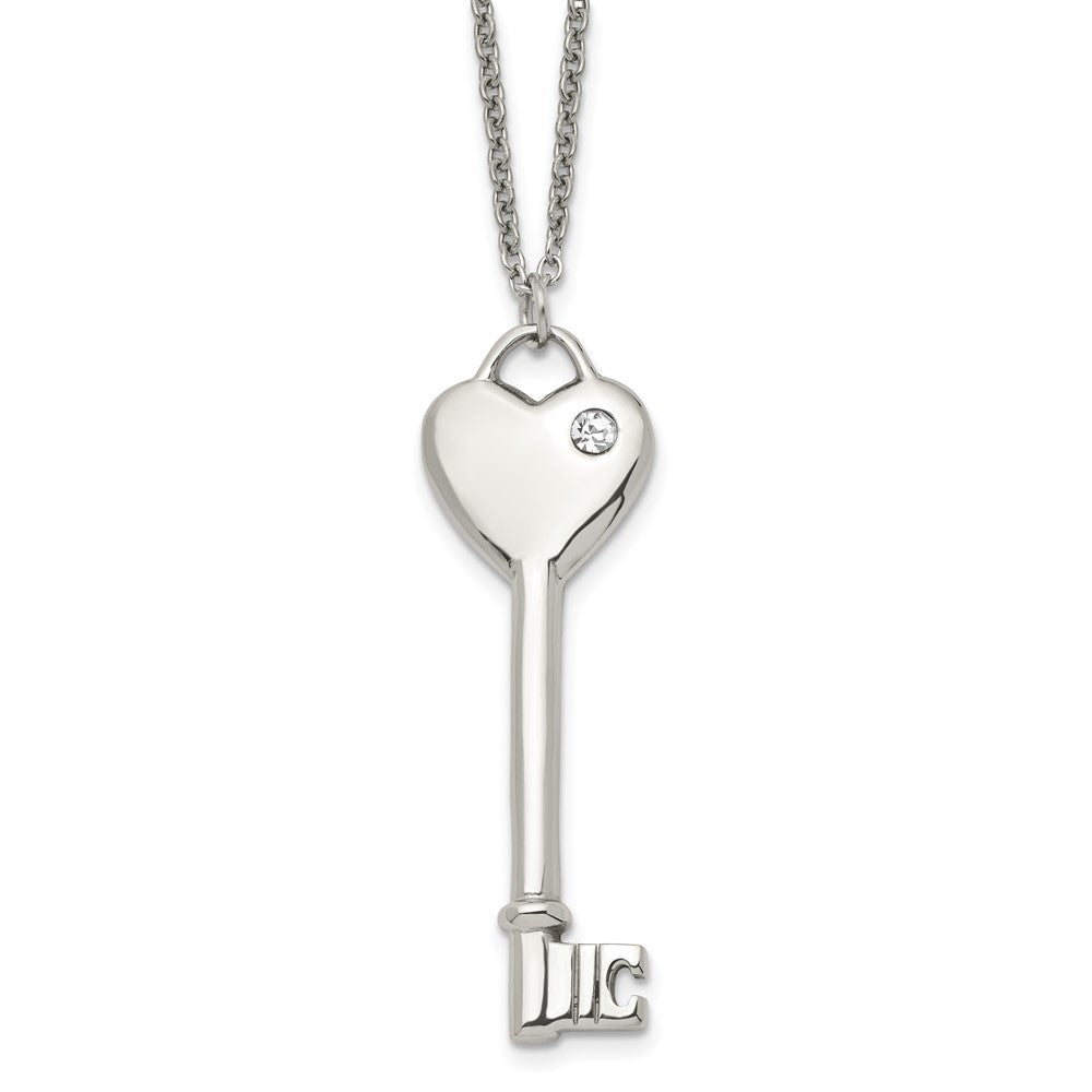 Chisel Stainless Steel Polished with CZ Heart Key Pendant on a 20 inch Cable Chain Necklace, 20 x 19 mm