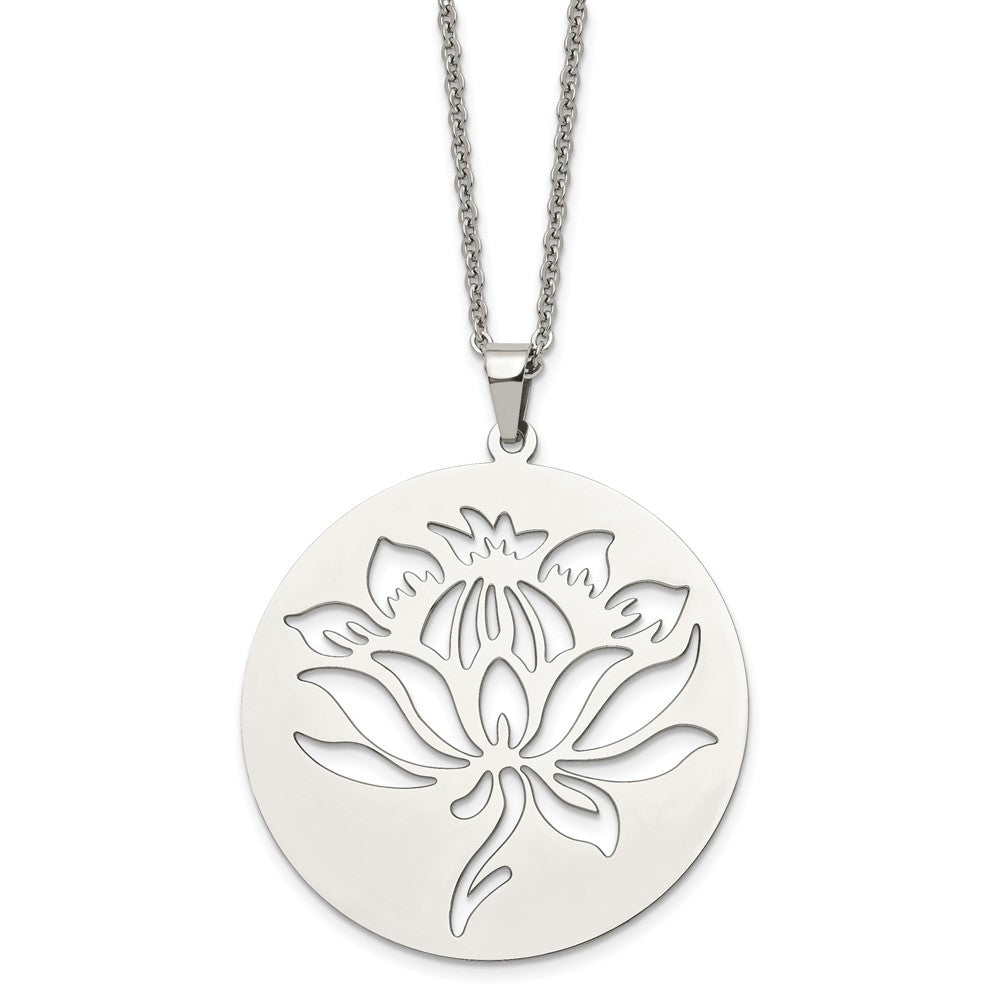 Chisel Stainless Steel Polished Flower Cut-out Circle Pendant on a 22 inch Cable Chain Necklace, 22 x 51 mm