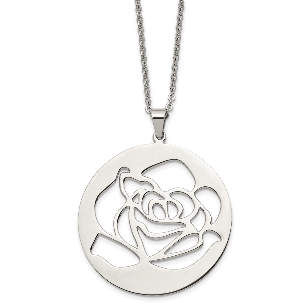 Stainless Steel Polished Rose Cut-out 22in Necklace, 22 mm
