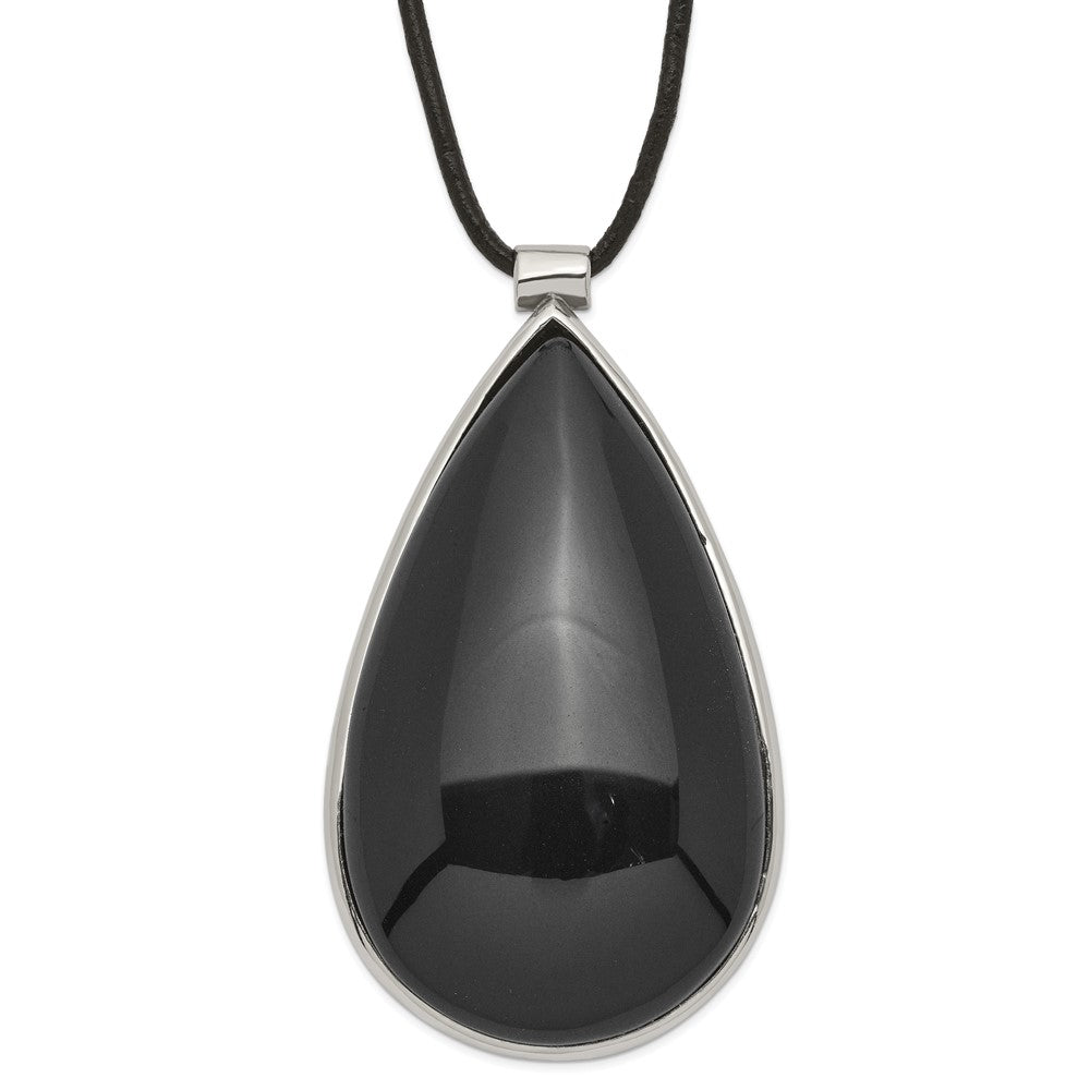 Stainless Steel Black Glass Teardrop with 1.5 in ext Necklace, 21.5 mm