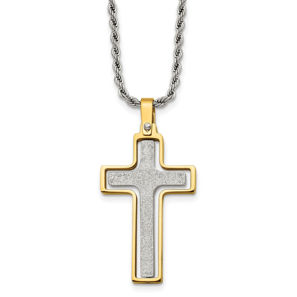 Chisel Stainless Steel Polished Laser Cut Center Yellow IP-plated Moveable Cross Pendant on 22 inch Rope Chain Necklace, 22 x 24 mm