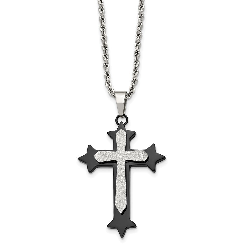 Stainless Steel Polished Black IP-plated Laser cut Cross 24in  Necklace, 24 mm