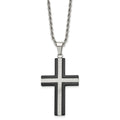 Chisel Stainless Steel Polished Black IP-plated Laser Cut Cross Pendant on a 24 inch Rope Chain Necklace, 24 x 30 mm