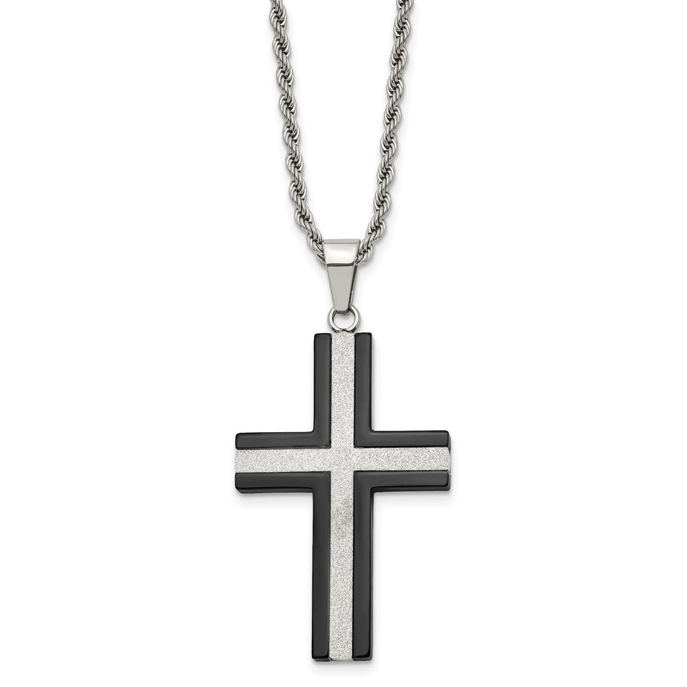 Chisel Stainless Steel Polished Black IP-plated Laser Cut Cross Pendant on a 24 inch Rope Chain Necklace, 24 x 30 mm