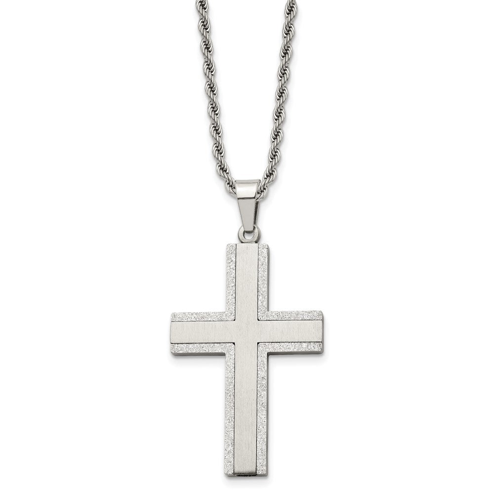 Chisel Stainless Steel Polished Laser Cut Edges Cross Pendant on a 24 inch Rope Chain Necklace, 24 x 28 mm