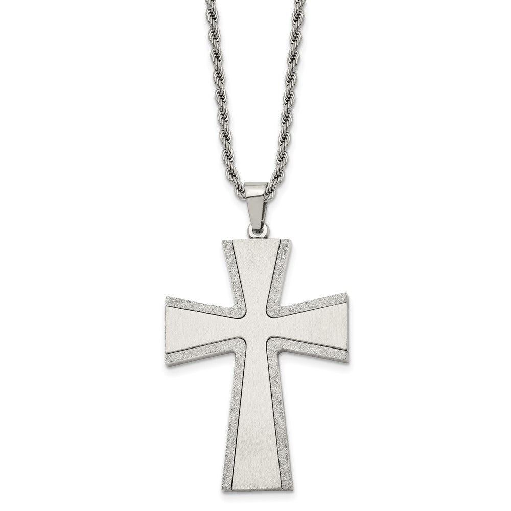 Chisel Stainless Steel Brushed with Laser-cut Edges Cross Pendant on a 24 inch Rope Chain Necklace, 24 x 35 mm