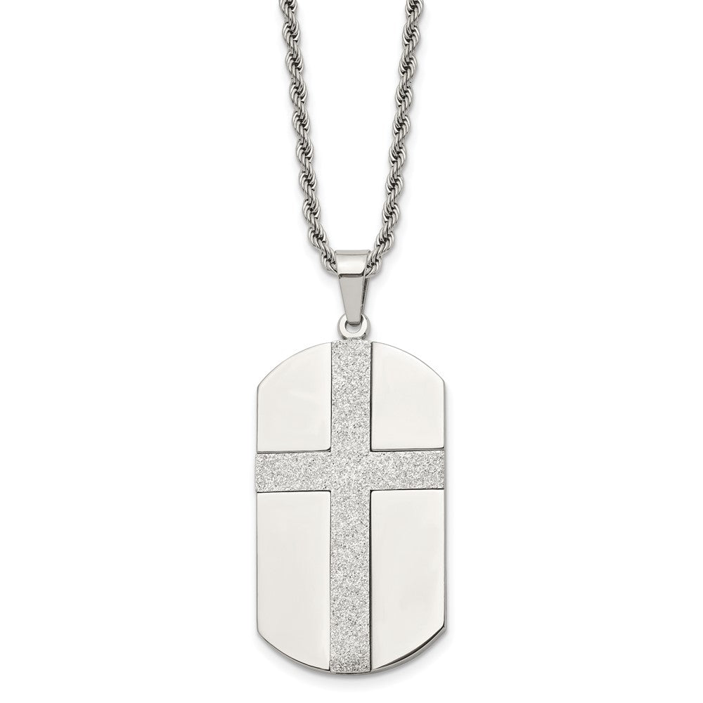 Chisel Stainless Steel Polished Laser Cut Cross Dog Tag on a 24 inch Rope Chain Necklace, 24 x 25 mm
