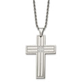 Chisel Stainless Steel Polished with CZ Grooved Cross Pendant on a 24 inch Rope Chain Necklace, 24 x 35 mm