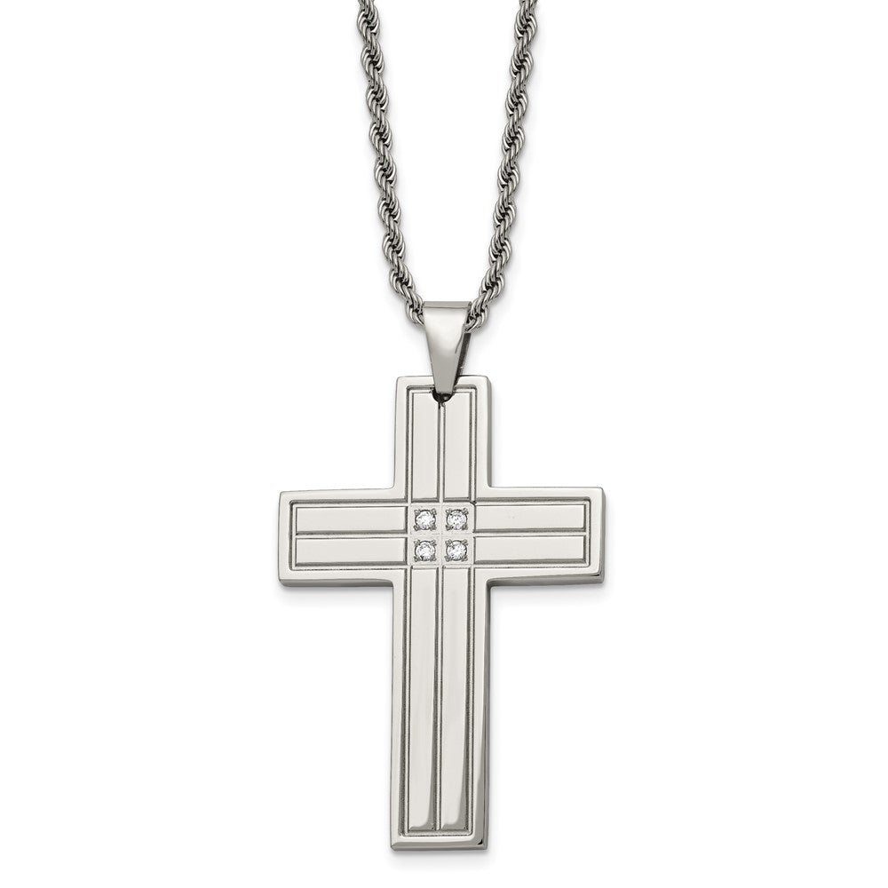 Chisel Stainless Steel Polished with CZ Grooved Cross Pendant on a 24 inch Rope Chain Necklace, 24 x 35 mm