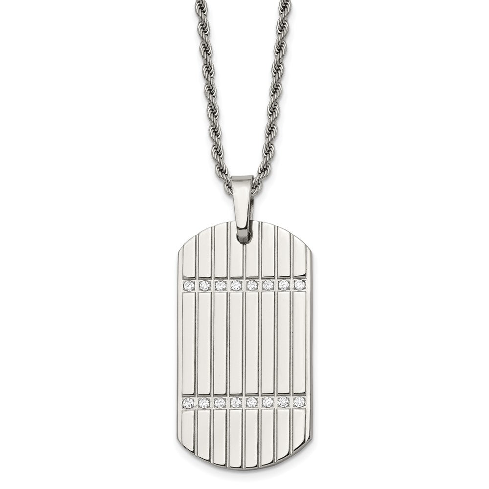 Stainless Steel 24in Polished & Textured w/CZs Dog Tag Necklace, 24 x 25 mm