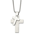 Chisel Stainless Steel Brushed and Polished Double Cross Pendant on a 24 inch Box Chain Necklace, 24 x 29 mm