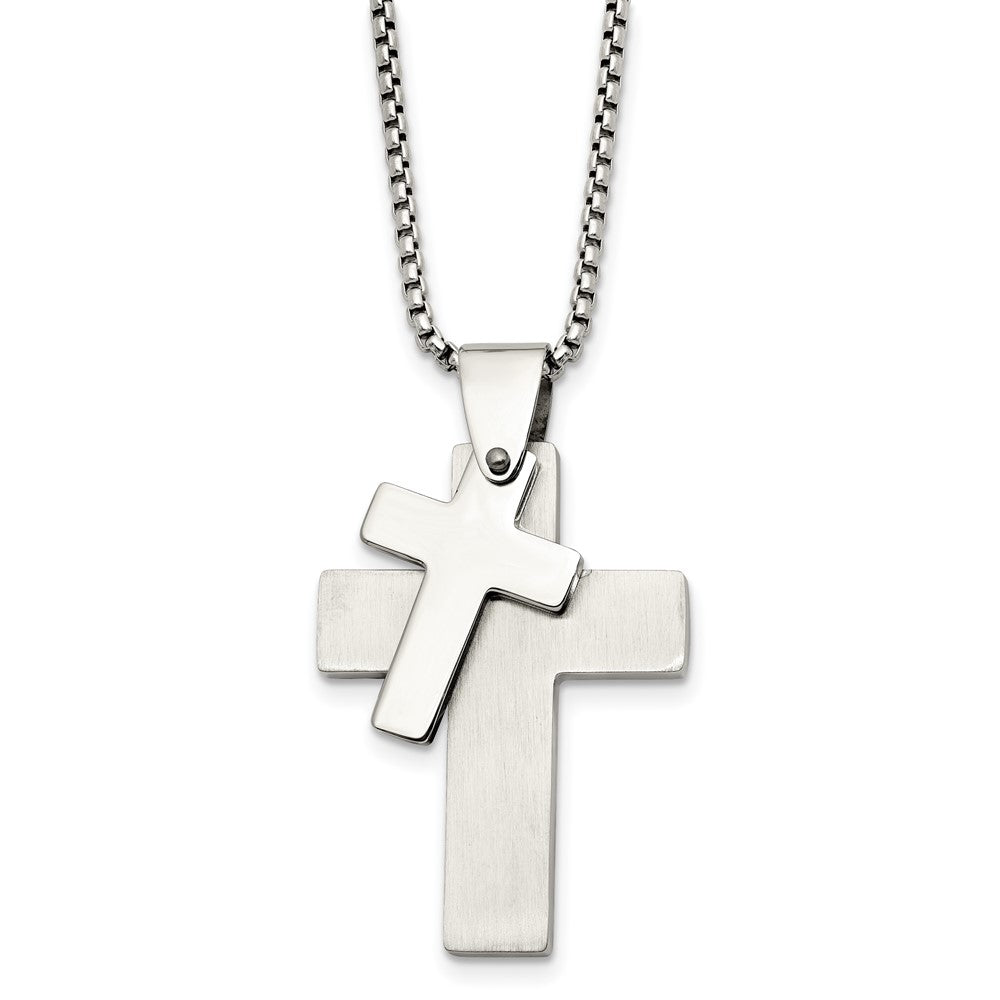 Chisel Stainless Steel Brushed and Polished Double Cross Pendant on a 24 inch Box Chain Necklace, 24 x 29 mm