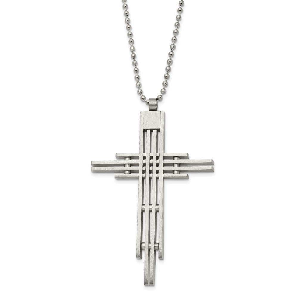 Chisel Stainless Steel Brushed and Polished Cross Pendant on a 24 inch Ball Chain Necklace, 24 x 50 mm