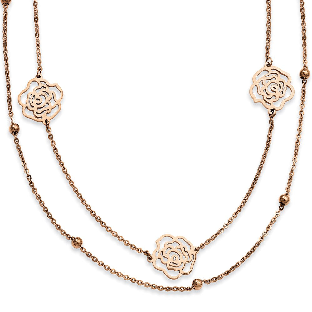 Stainless Steel Pink IP-plated Flowers with extension Necklace, 17 mm