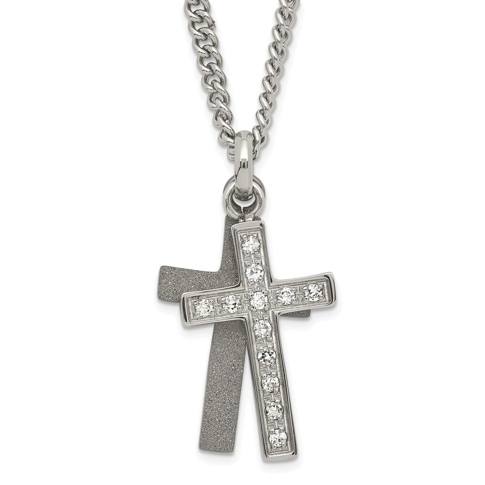 Stainless Steel Laser-cut & CZ Crosses Pendant Necklace, 20 mm