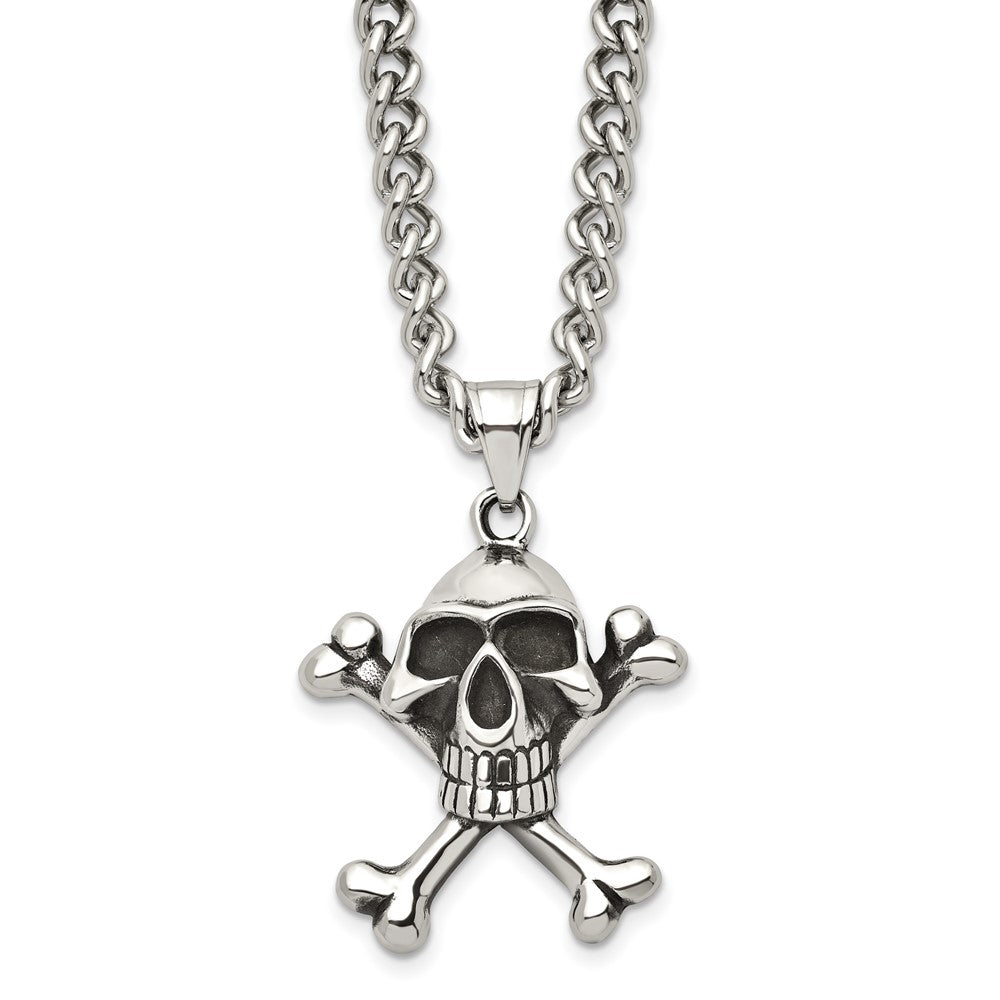 Chisel Stainless Steel Antiqued and Polished Skull and Crossbones Pendant on a 24 inch Curb Chain Necklace, 24 x 30 mm