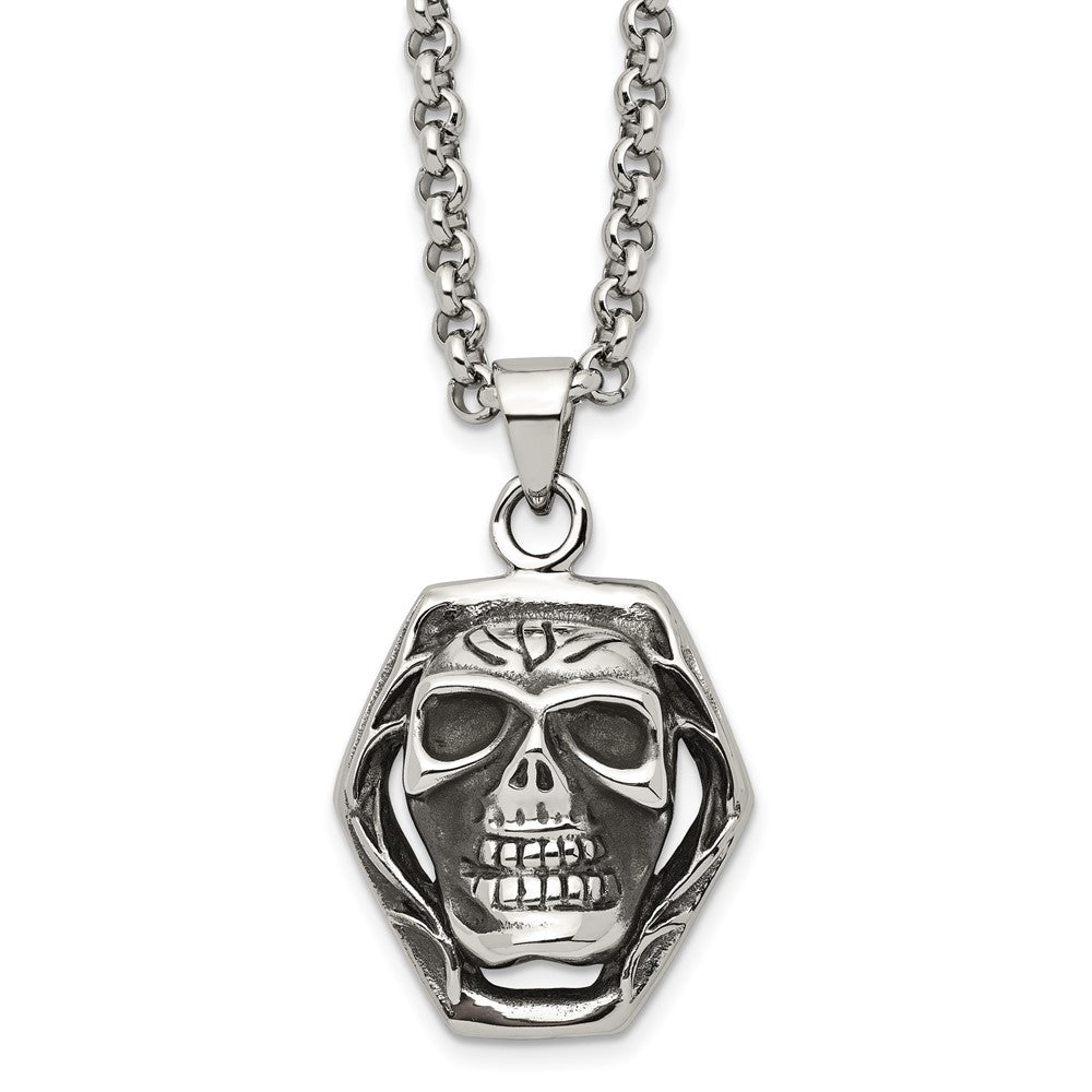 Chisel Stainless Steel Antiqued and Polished Skull Pendant on a 24 inch Cable Chain Necklace, 24 x 28 mm