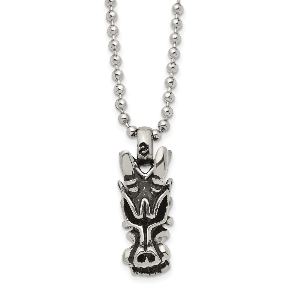 Chisel Stainless Steel Antiqued and Polished Dragon Head Pendant on a 22 inch Ball Chain Necklace, 22 x 12 mm
