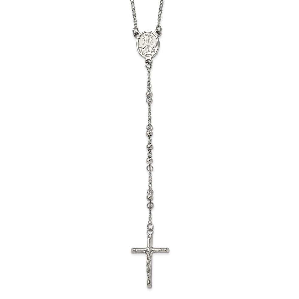 Chisel Stainless Steel Polished 4mm Beaded 25 inch Rosary Necklace, 25 x 22 mm