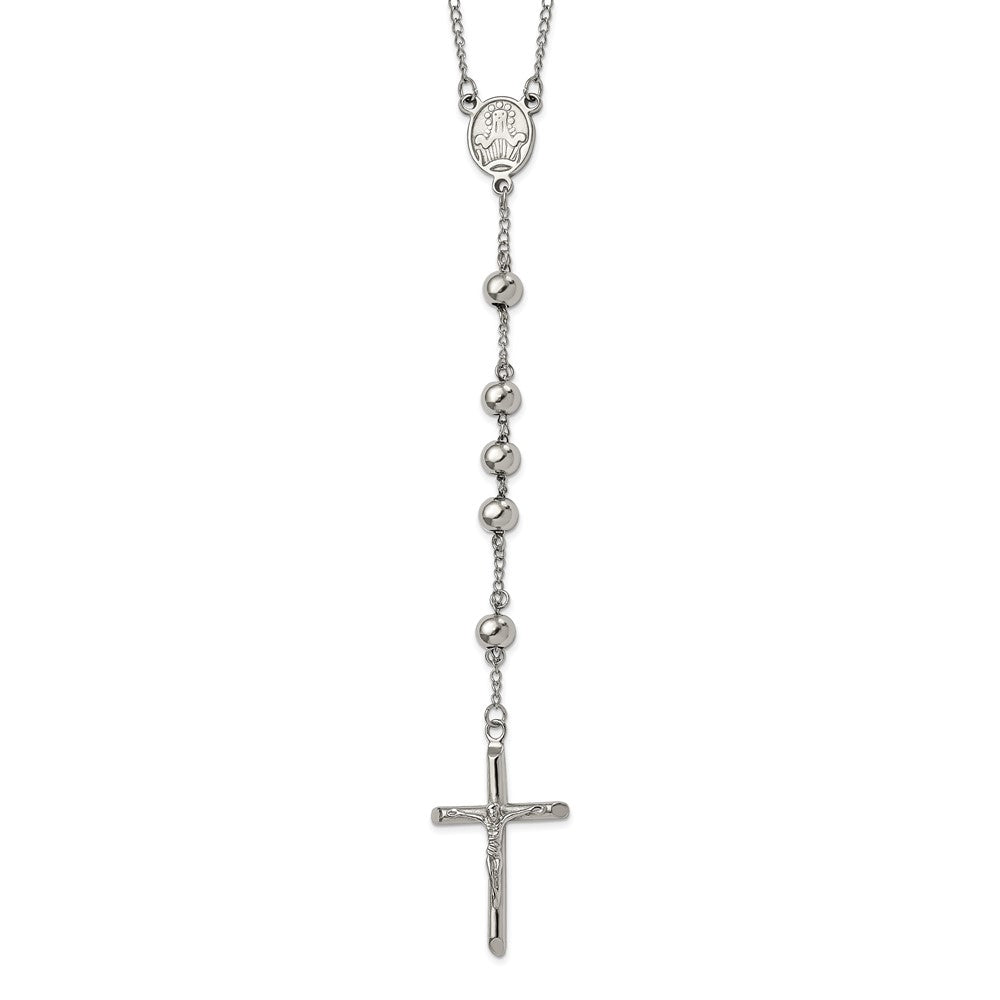Chisel Stainless Steel Polished 8mm Beaded 32.5 inch Rosary Necklace, 32.5 x 28 mm