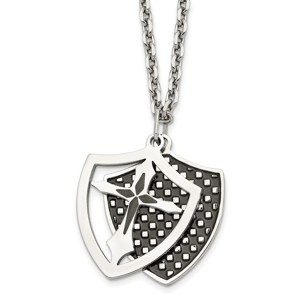 Stainless Steel Polished Black IP-plated Moveable Shield 22in Necklace, 22 mm