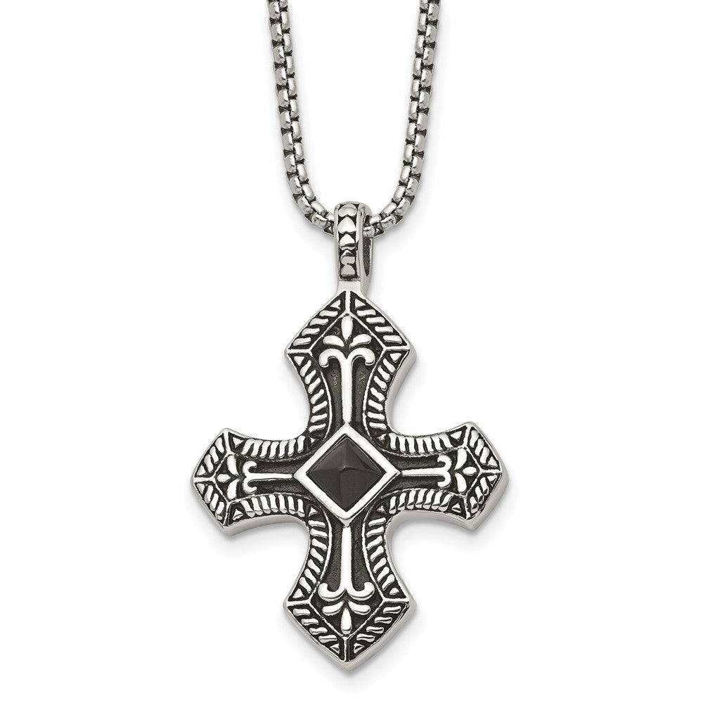 Stainless Steel Antiqued and Brushed w/Black Agate Cross 24in Necklace, 24 mm