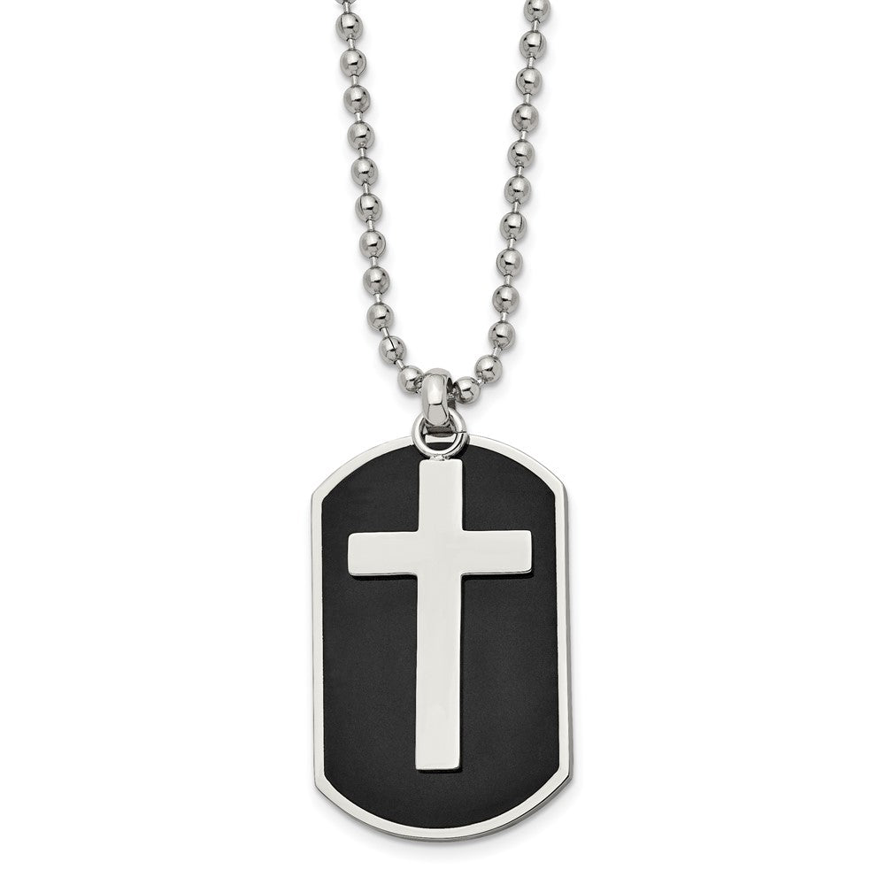 Chisel Stainless Steel Polished Black IP-plated 2 Piece Cross Dog Tag on a 24 inch Ball Chain Necklace, 24 x 25 mm