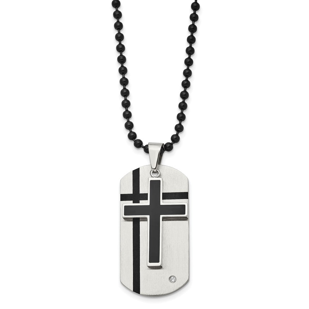 Chisel Stainless Steel Brushed with Enamel and CZ 2 Piece Cross Dog Tag on a 24 inch Ball Chain Necklace, 24 x 24 mm