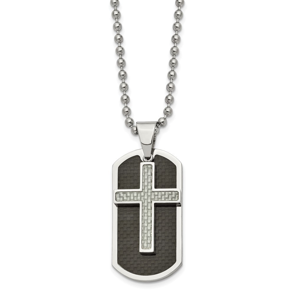 Chisel Stainless Steel Polished Black and Grey Carbon Fiber Inlay 2 Piece Cross Dog Tag on a 24 inch Ball Chain Necklace, 24 x 24 mm