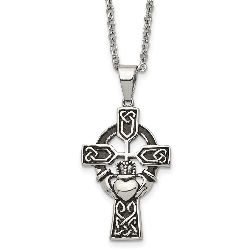 Chisel Stainless Steel Antiqued and Polished Claddagh Cross Pendant on a 20 inch Cable Chain Necklace, 20 x 23 mm